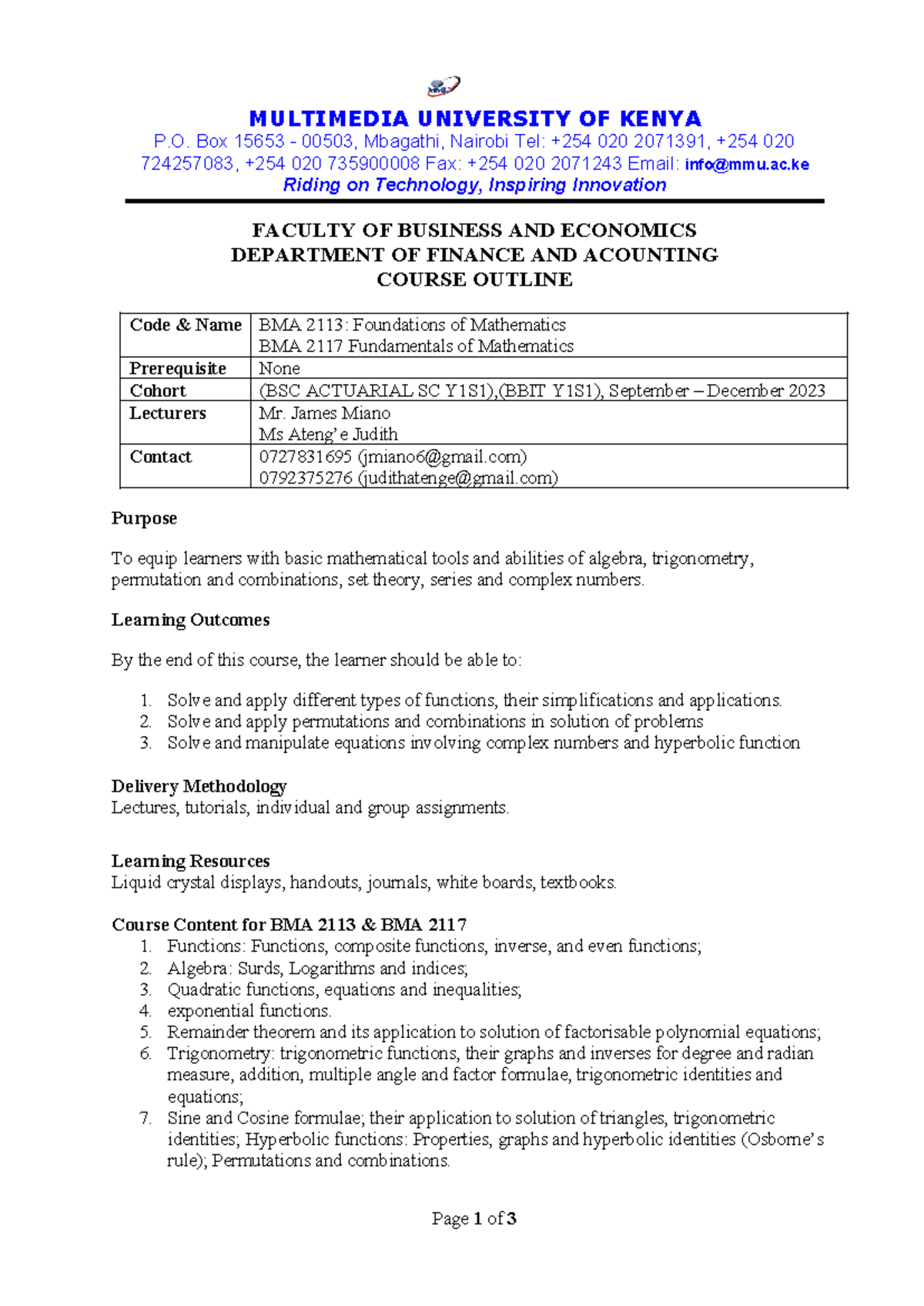 BMA 2113 & BMA 2117 - [Course Outline] - MULTIMEDIA UNIVERSITY OF KENYA ...