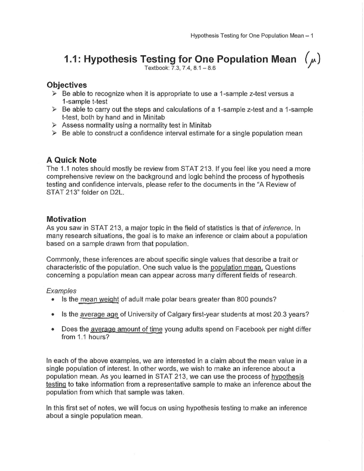 Hypothesis Testing for One Population Mean - Unit 1 Notes [STAT 213 ...