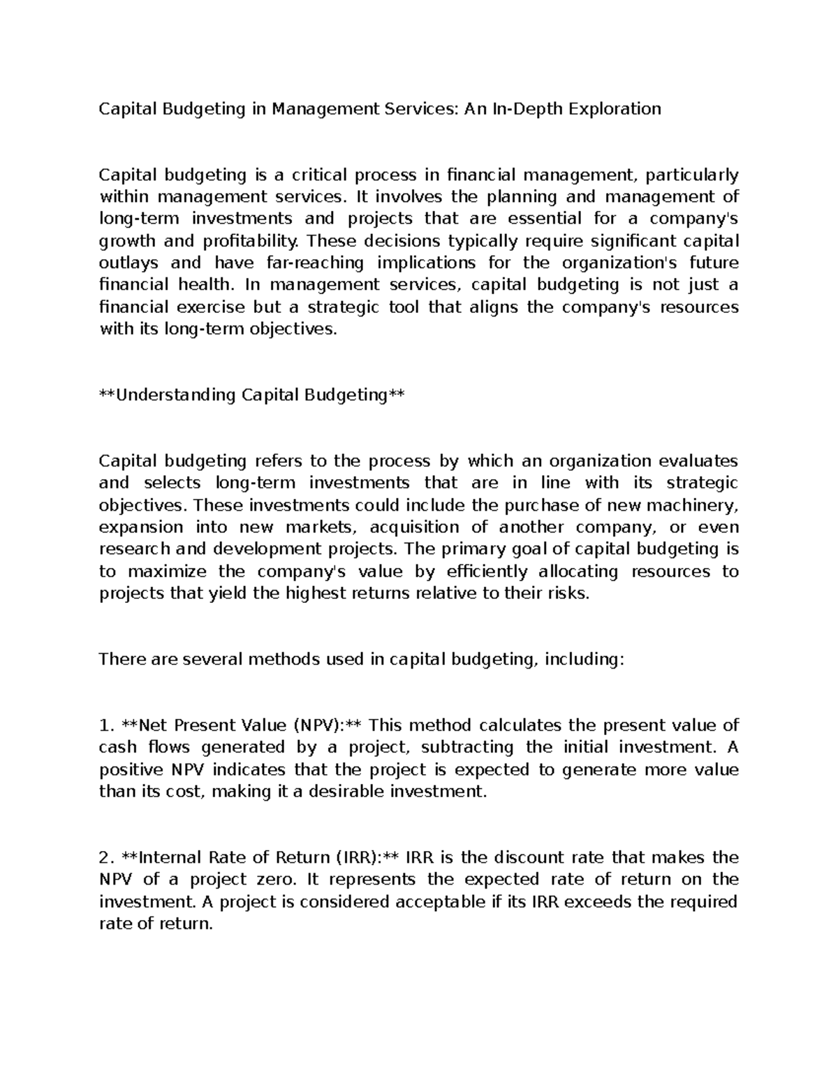Capital Budgeting in Management Services: An In-Depth Guide - Studocu