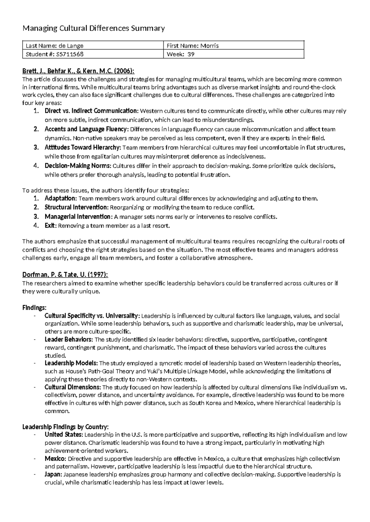 Summary 3 - Managing Cultural Differences in Multicultural Teams ...