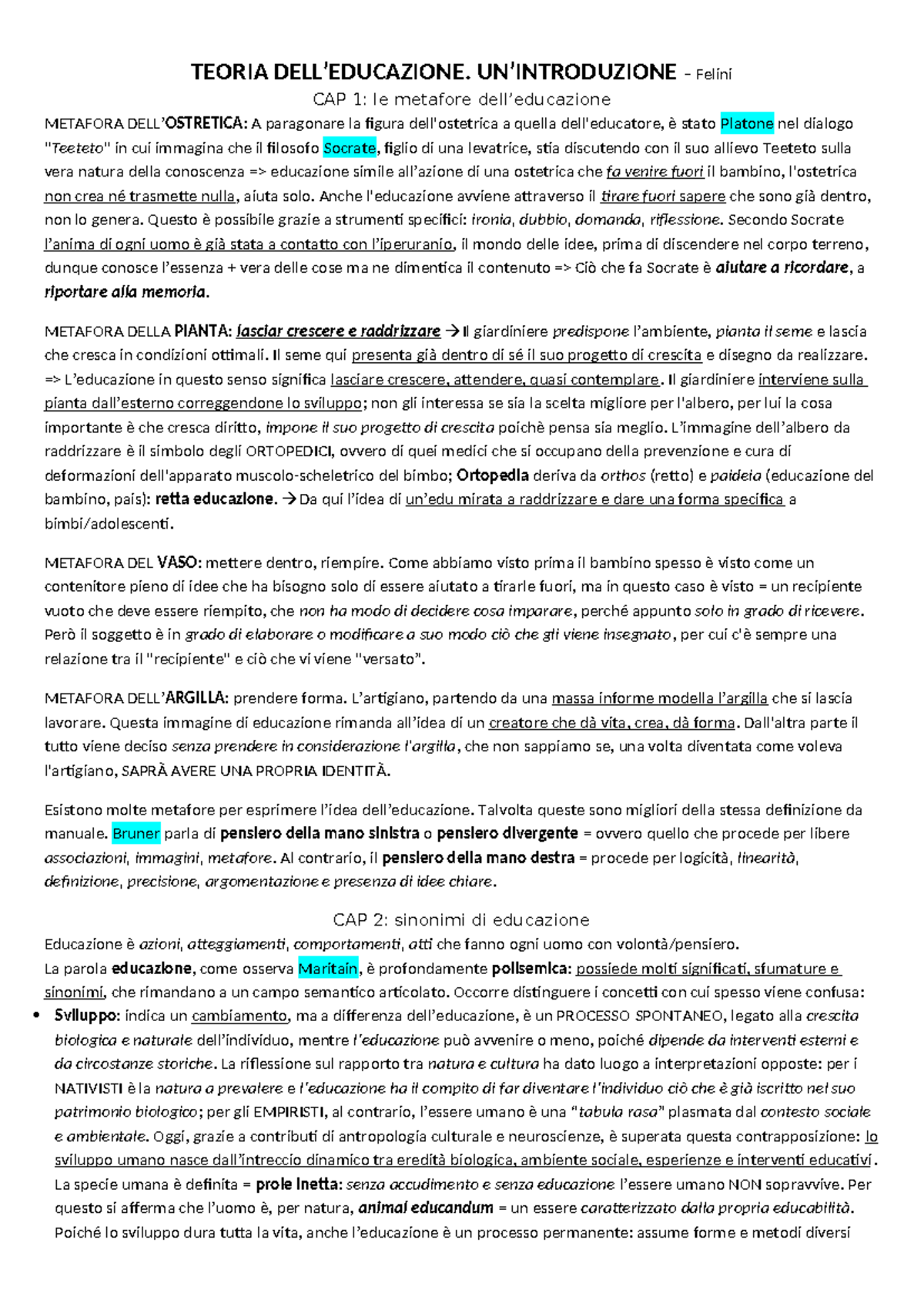 TEORIA DELL'EDUCAZIONE - Introduzione e Metafore (CAP 1) - Studocu