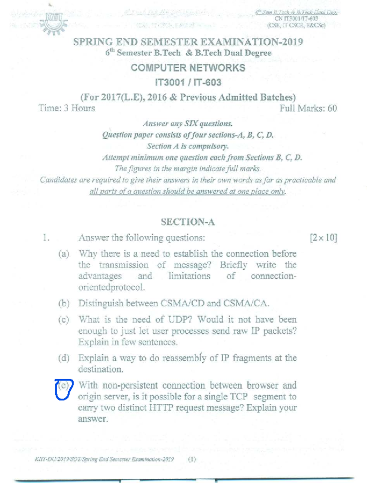 6th Sem B.Tech Dual Degree IT3001 End Semester Exam: Computer Networks ...