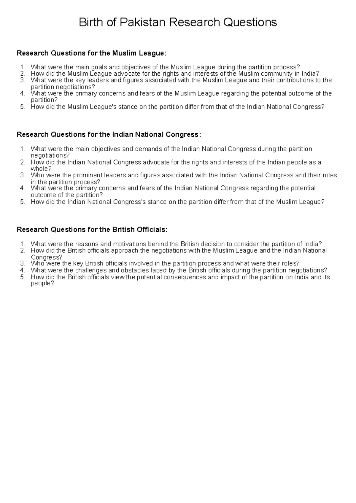 Research Questions on the Birth of Pakistan: Muslim League vs. Congress ...