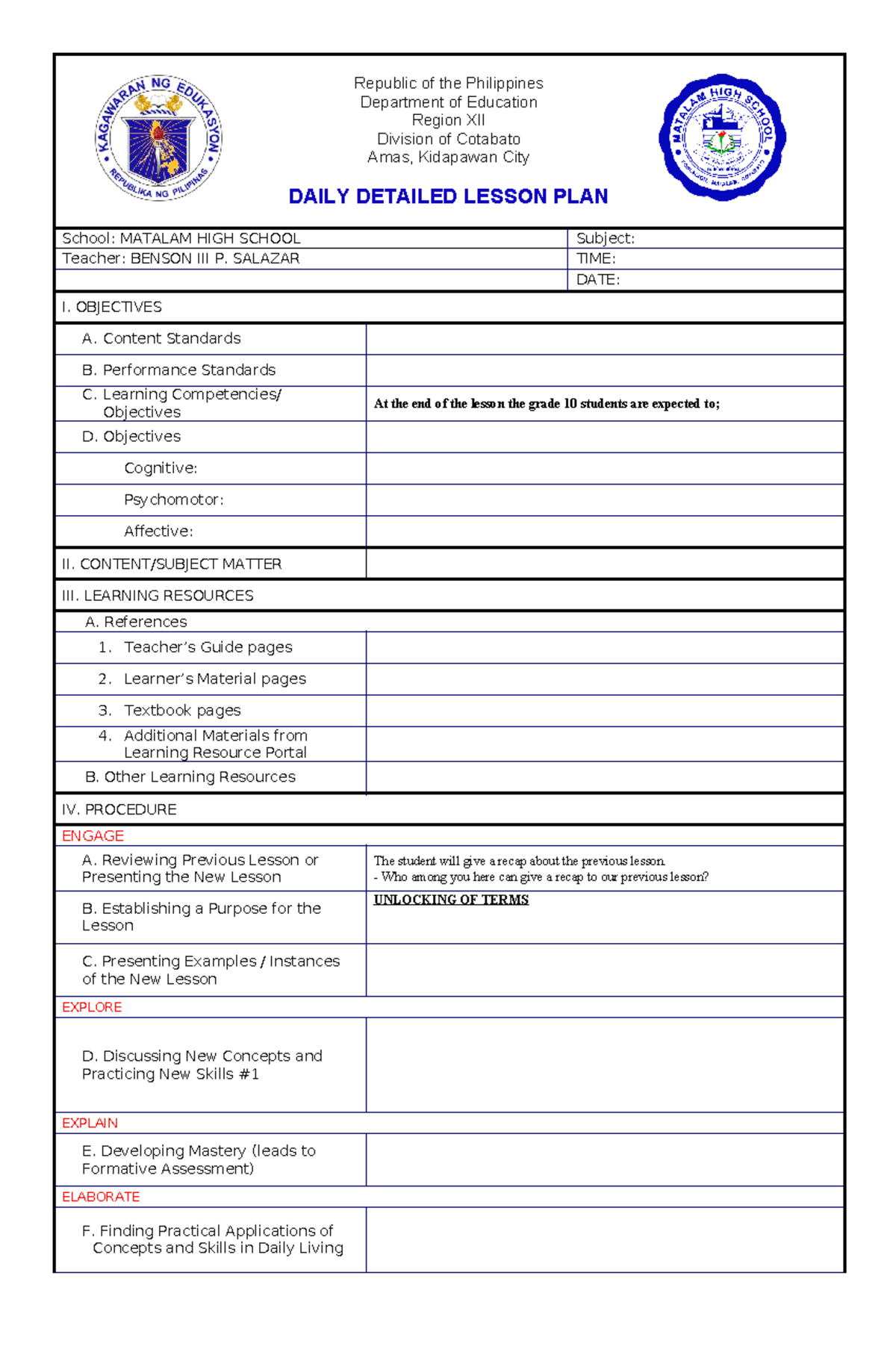 DLP Format - JUST EDIT THE NAME OF THE SCHOOL - Republic of the ...