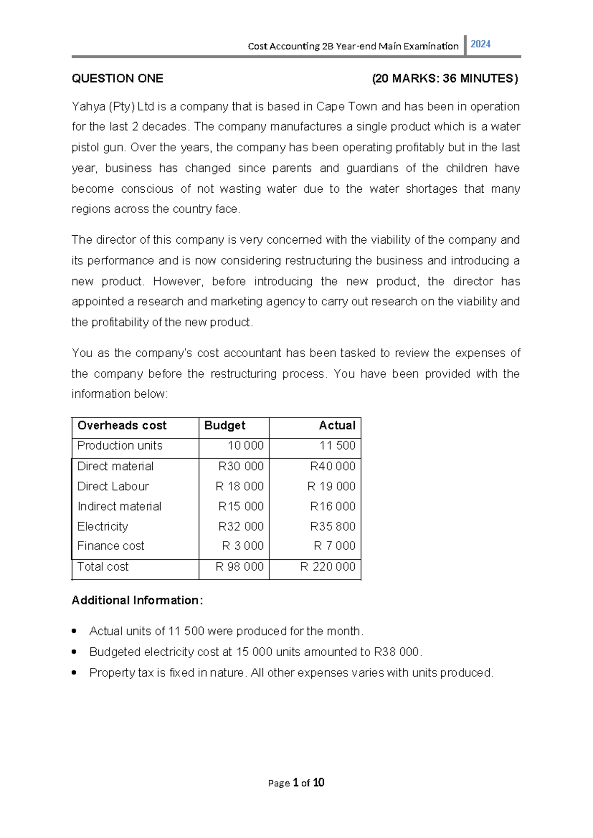 Cost Accounting 2B Main Exam Questions & Variance Analysis 2024 - Studocu