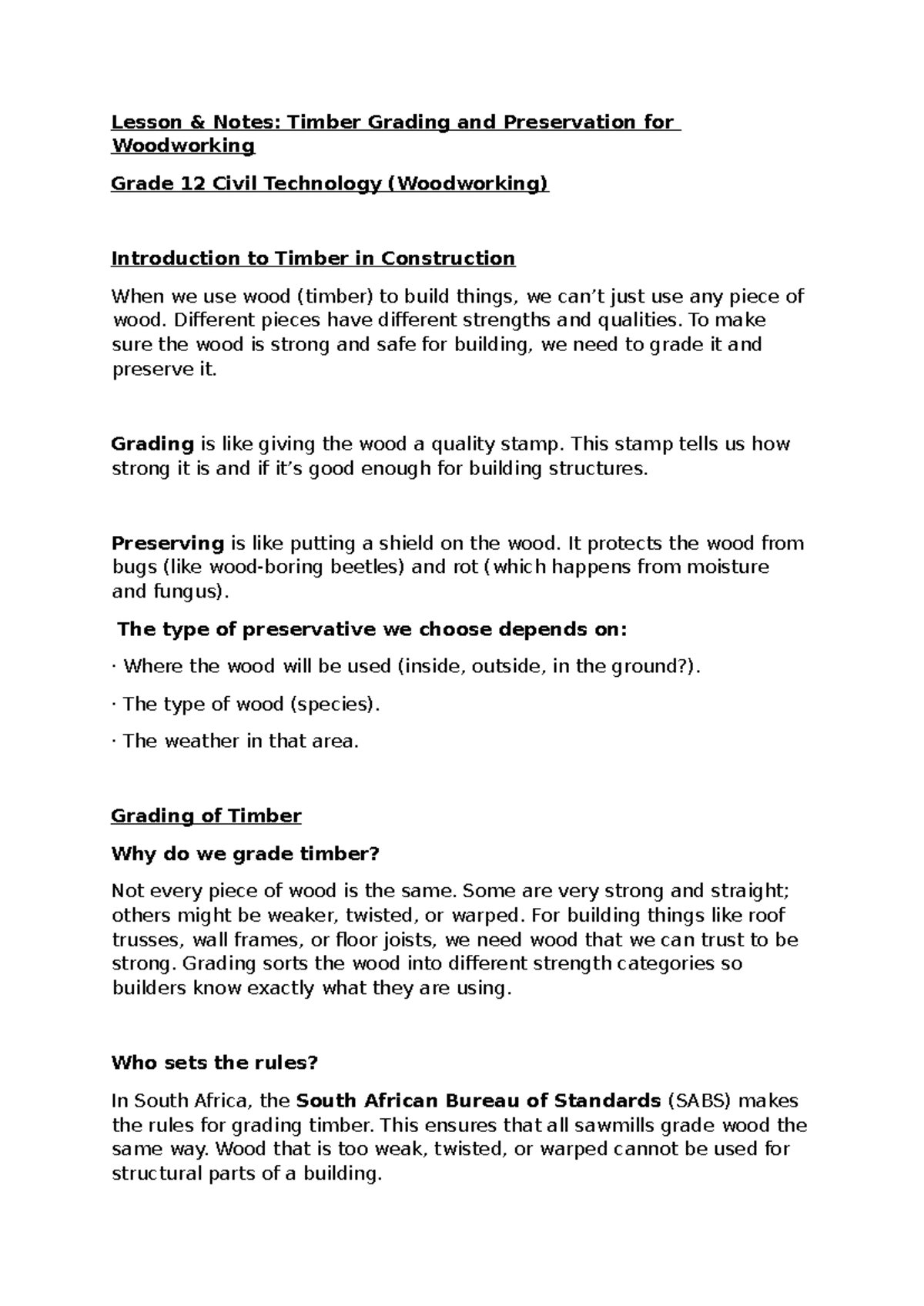 Grade 12 Civil Tech: Lesson Notes on Timber Grading & Preservation ...