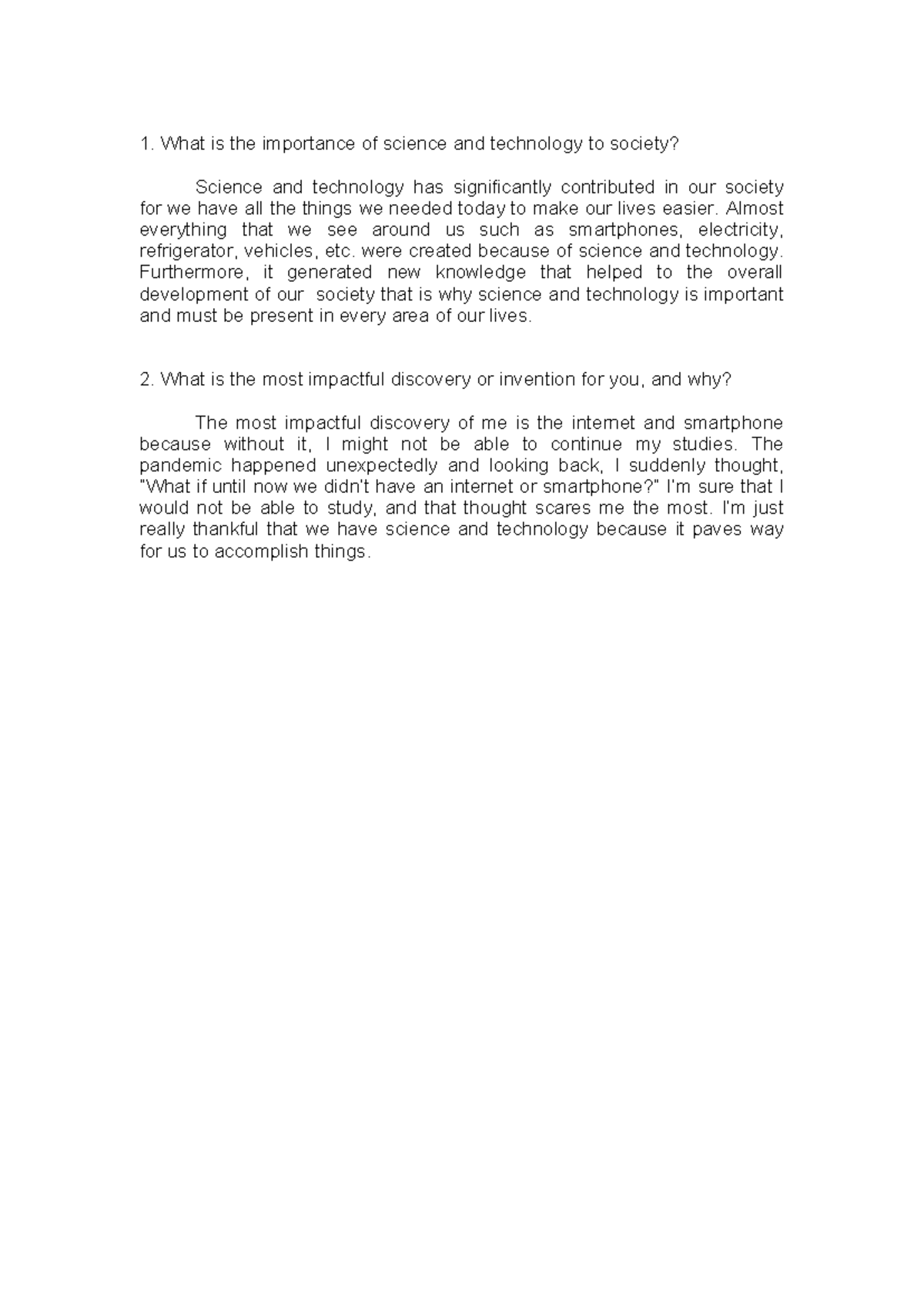 STS - Essay on the Critical Role of Science and Technology - Studocu