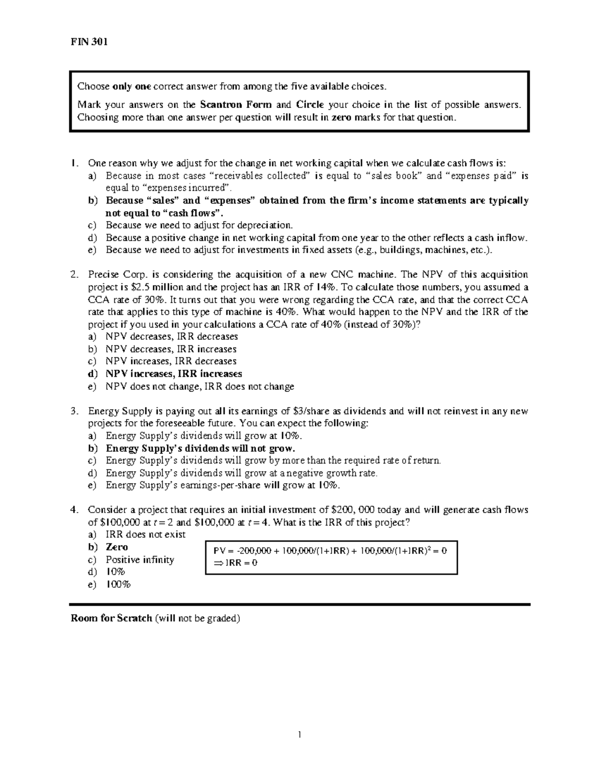 FIN 301 Sample Exam: Multiple Choice Questions & Solutions - Studocu