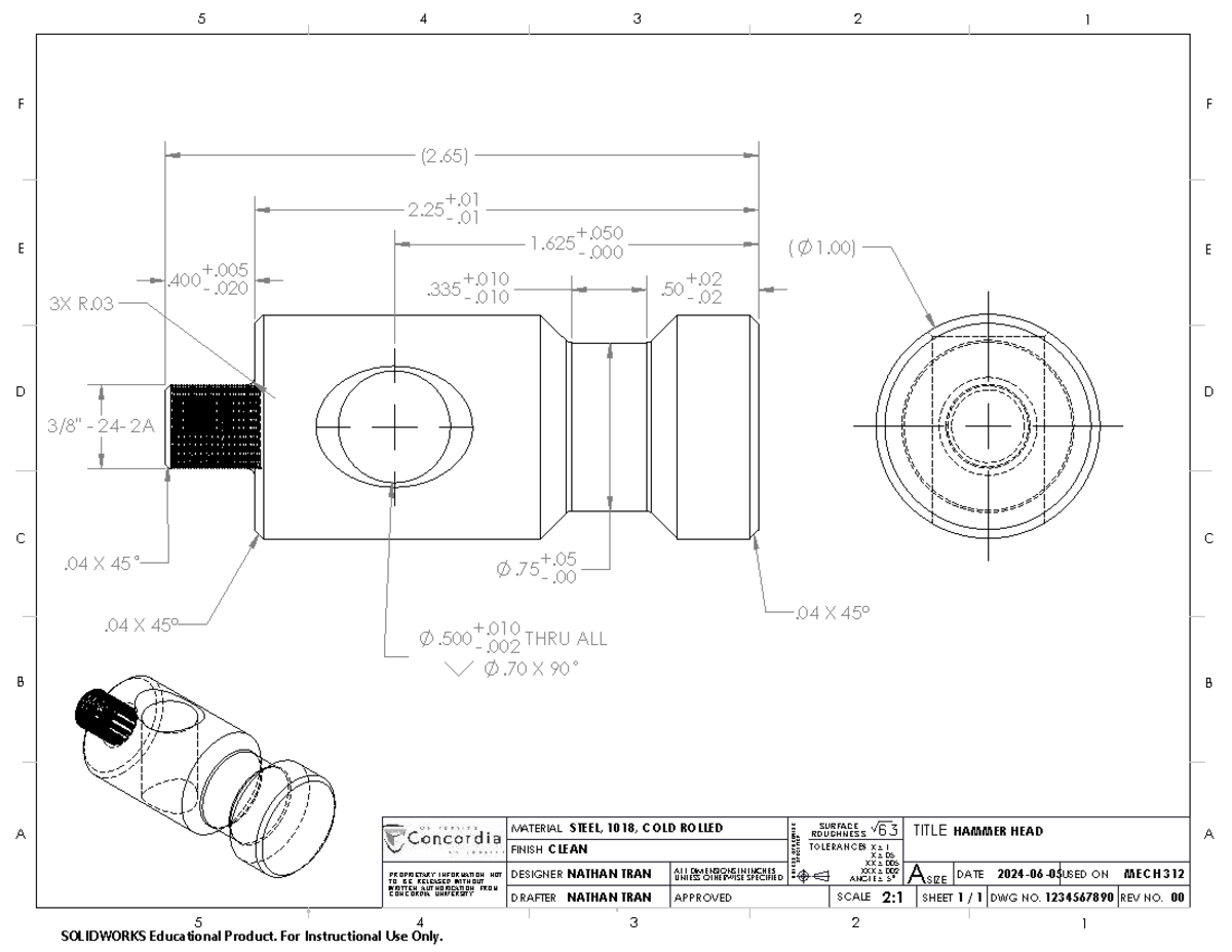 MECH 312: Hammer Head Design Drawing and Specifications - Studocu