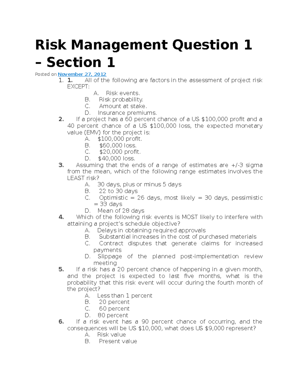 Risk Management Quiz Questions and Answers (RM101) - Studocu