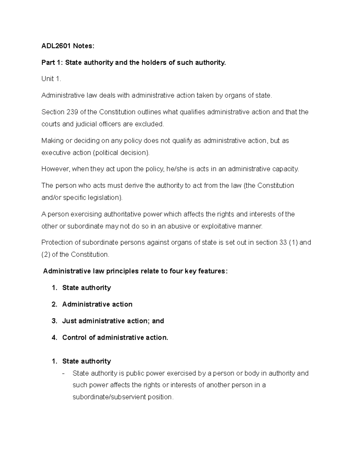 ADL2601 Notes: Unit 1 - Understanding State Authority in Admin Law ...