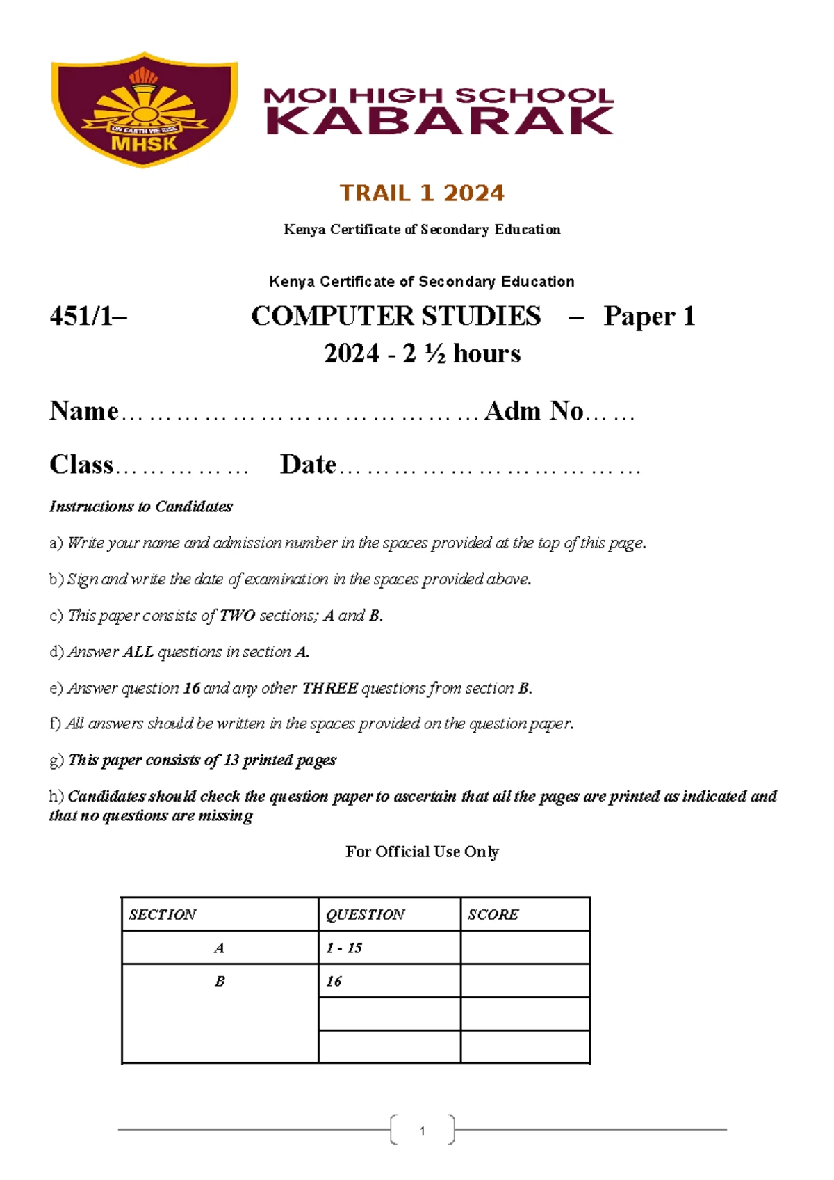 COMP PP1 MS - Marking Scheme for Computer Studies Paper 1 - Studocu