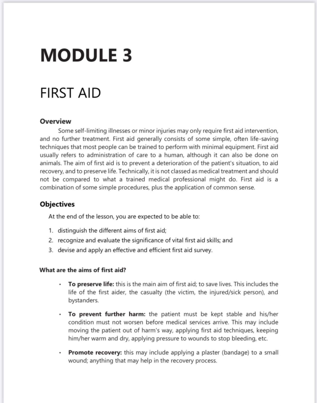 MODULE 3: FIRST AID Overview and Objectives Notes - Studocu