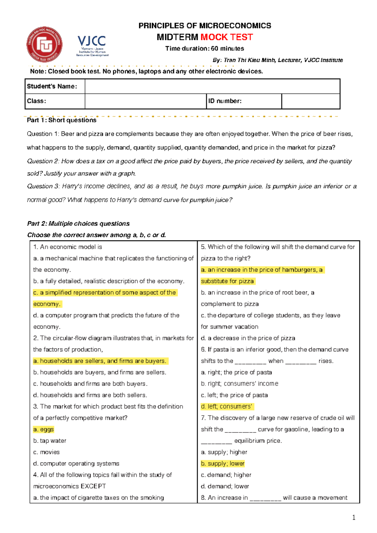 MOCK TEST 1 - Principles of Microeconomics Midterm Practice - Studocu