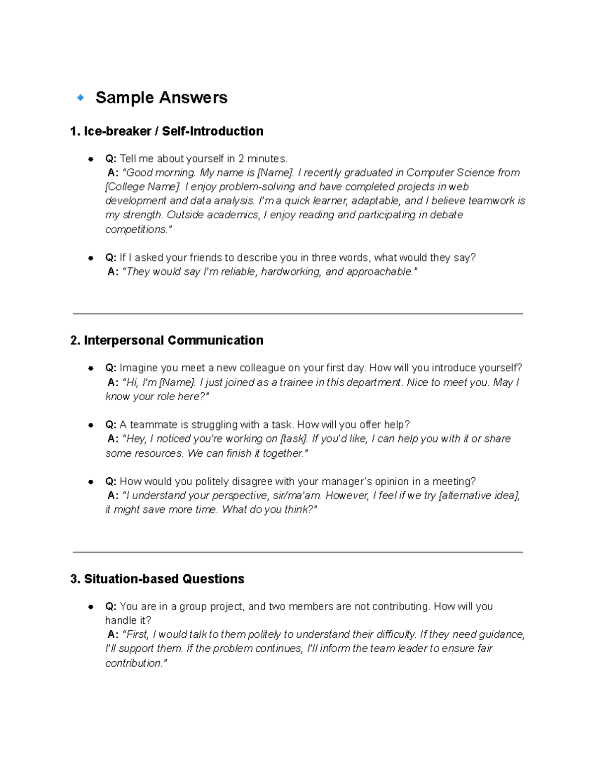 HR Mock Interview Key - Sample Answers and Strategies - Studocu