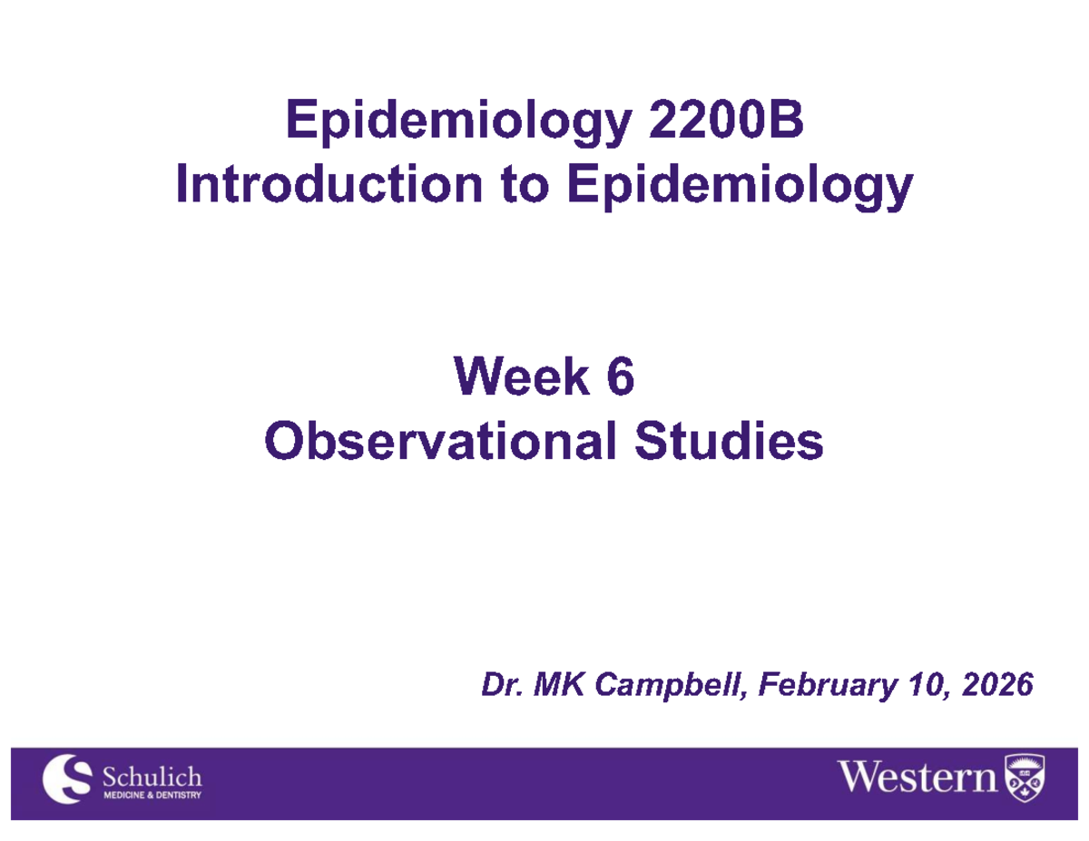 Epidemiology 2200B Week 6: Observational Studies Overview - Studocu