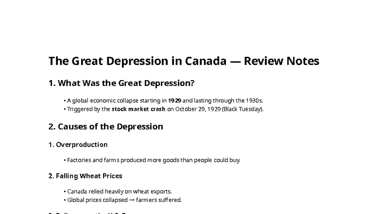 Great Depression in Canada: Review Notes for History 101 - Studocu