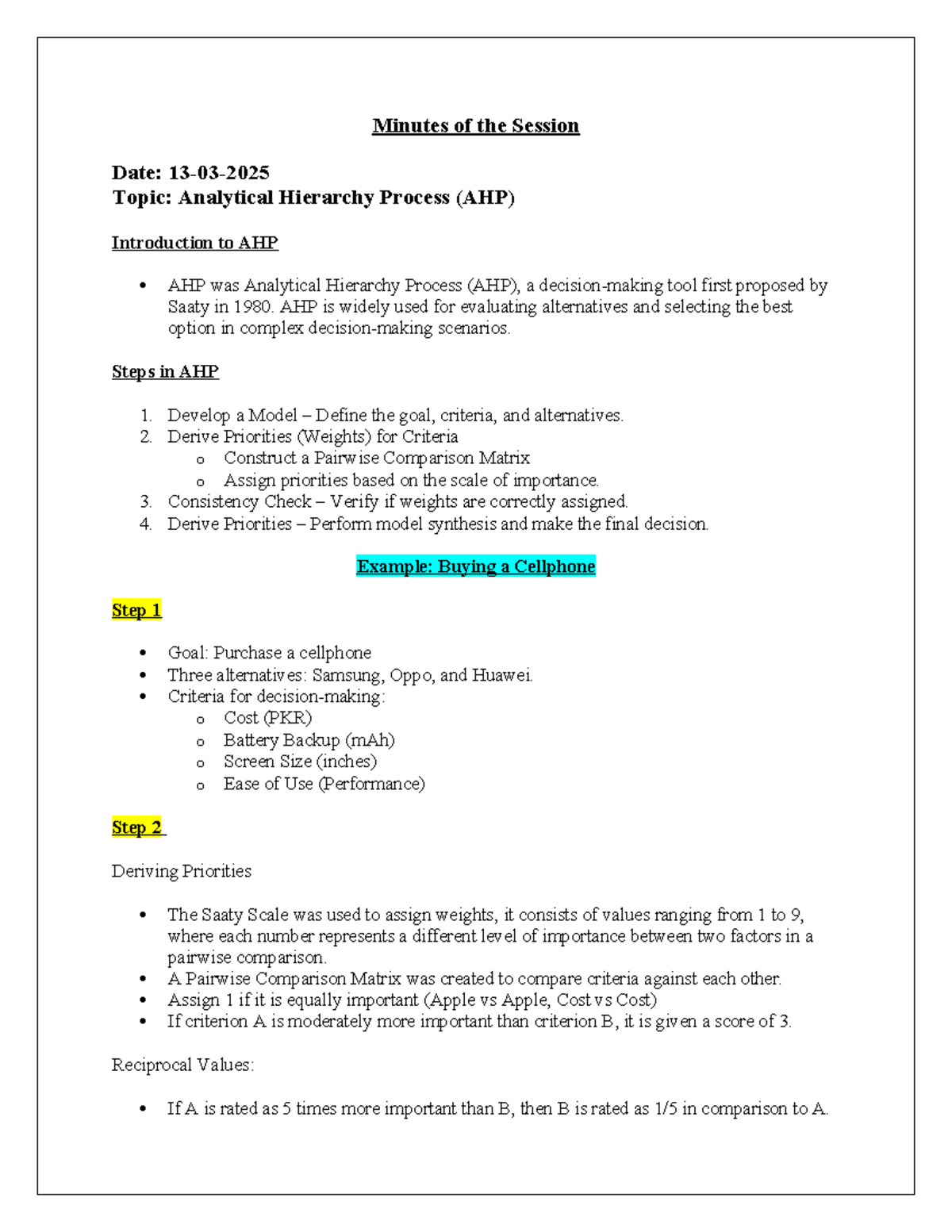 Minutes of the Session: Introduction to AHP Techniques - Studocu