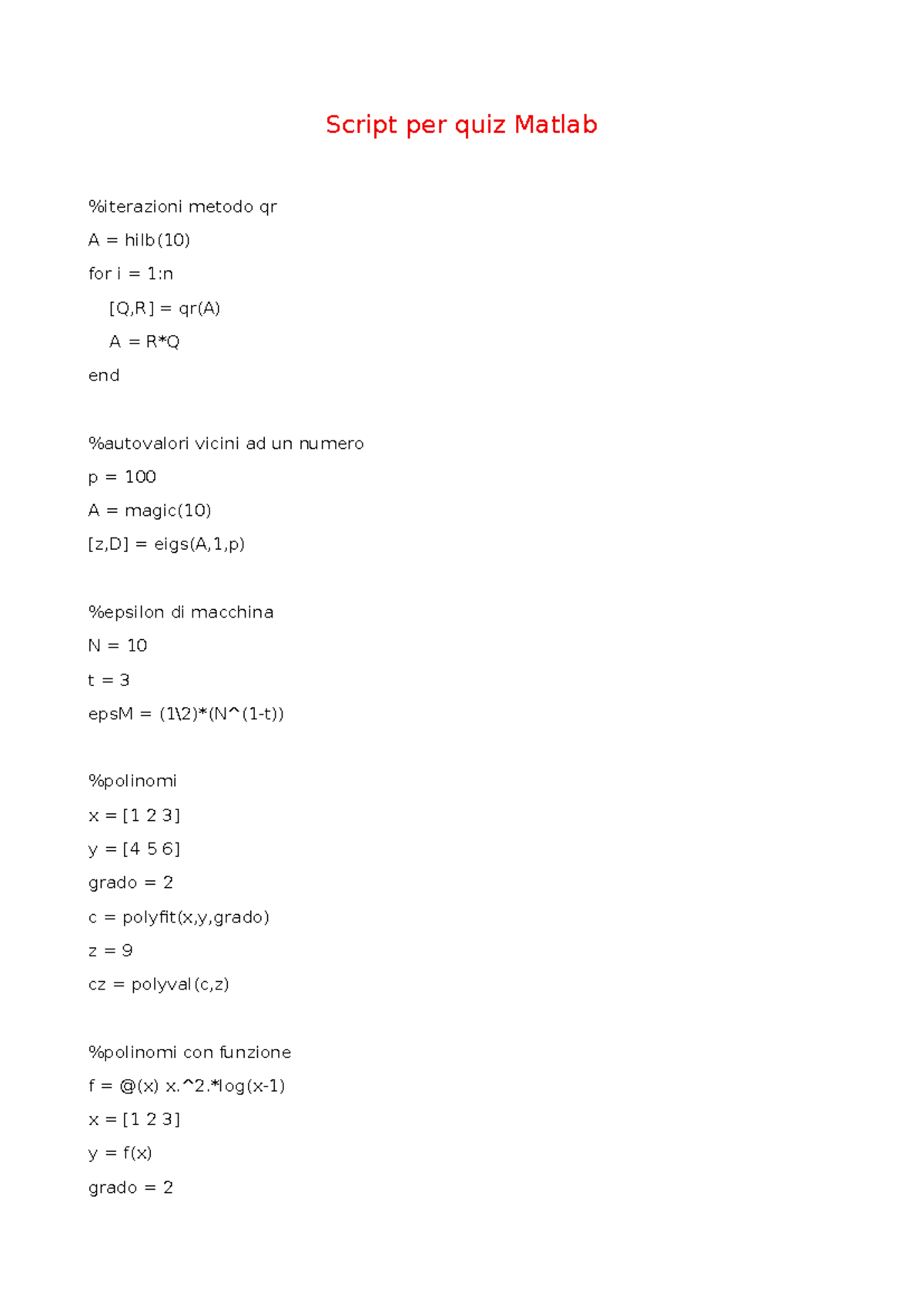 Matlab Quiz Script: QR, SVD, and Polynomial Fitting Techniques - Studocu