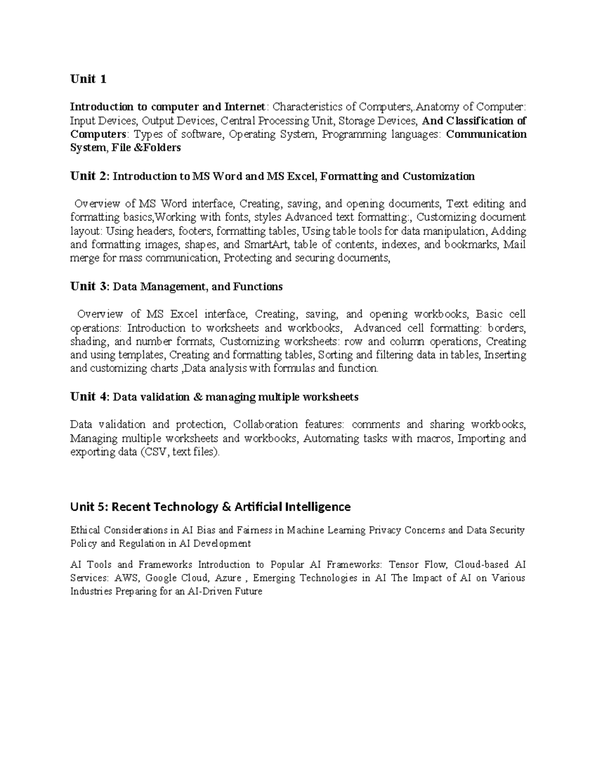 Computer law syllabus 1 - Unit 1 Introduction to computer and Internet ...