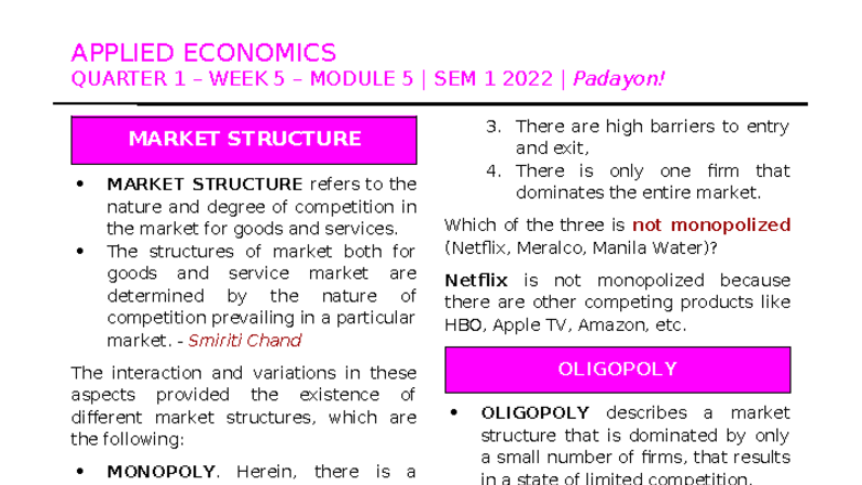 APPLIED ECONOMICS MODULE 5: MARKET STRUCTURES (ABM 1) - Studocu