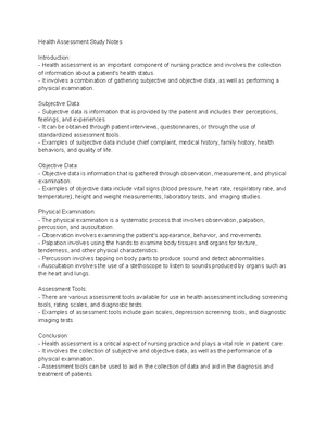 Nursing Assessment - Study Notes & Assignments - Studocu