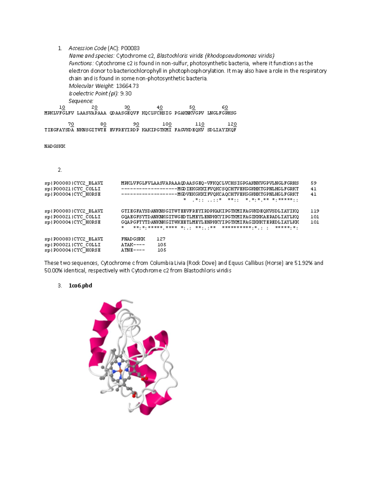 Bioinformatics assignment: Cytochrome c2 functions and sequences - Studocu