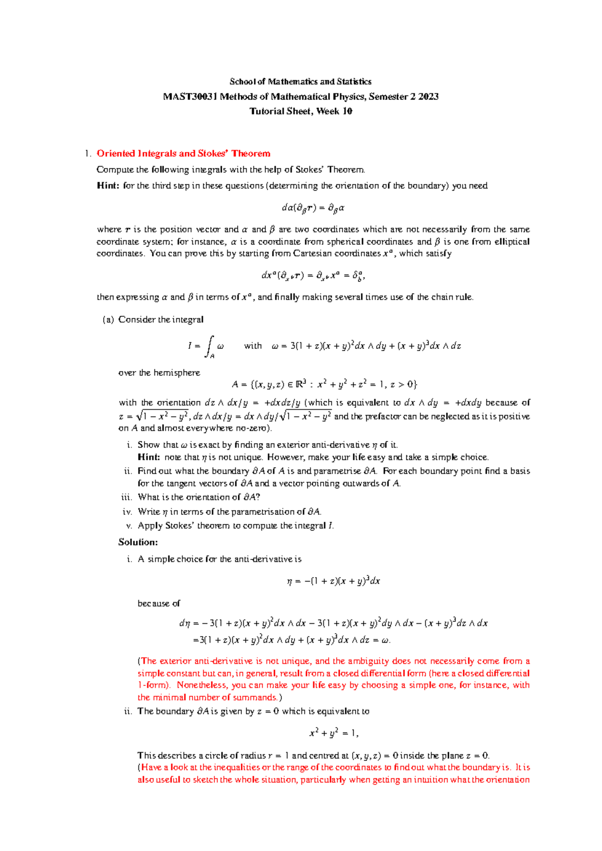 MAST30031 Mathematical Physics Tutorial Sheet - Week 10 Integrals - Studocu