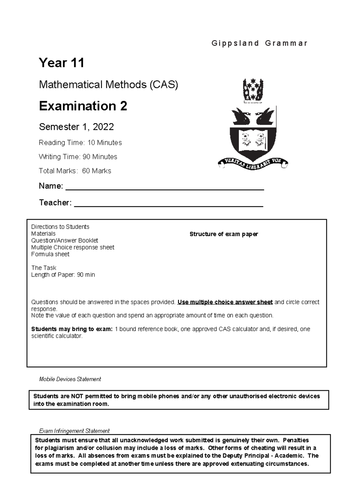 2022 MATHS METHODS (CAS) UNIT 1 EXAM 2 - Complete Guide - Studocu