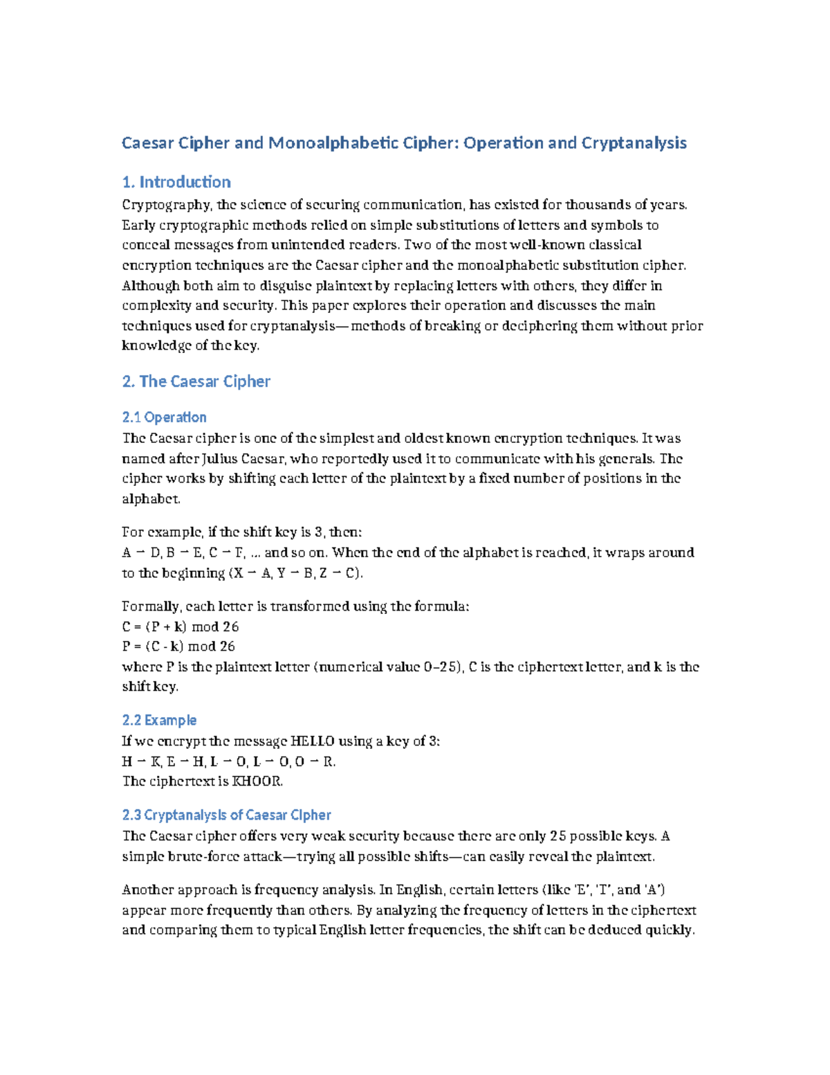 Caesar and Monoalphabetic Cipher: Operation & Cryptanalysis Report ...