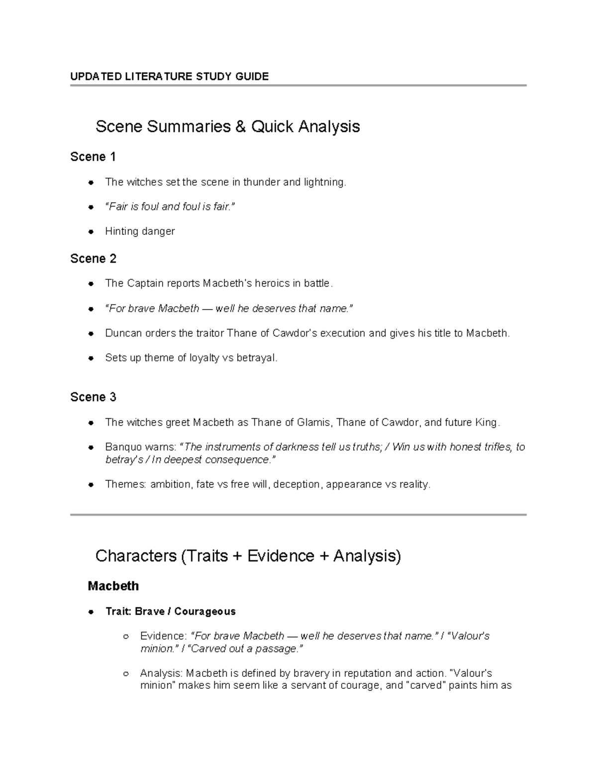 UPDATED LIT STUDY GUIDE: Scene Summaries & Analysis for Macbeth - Studocu