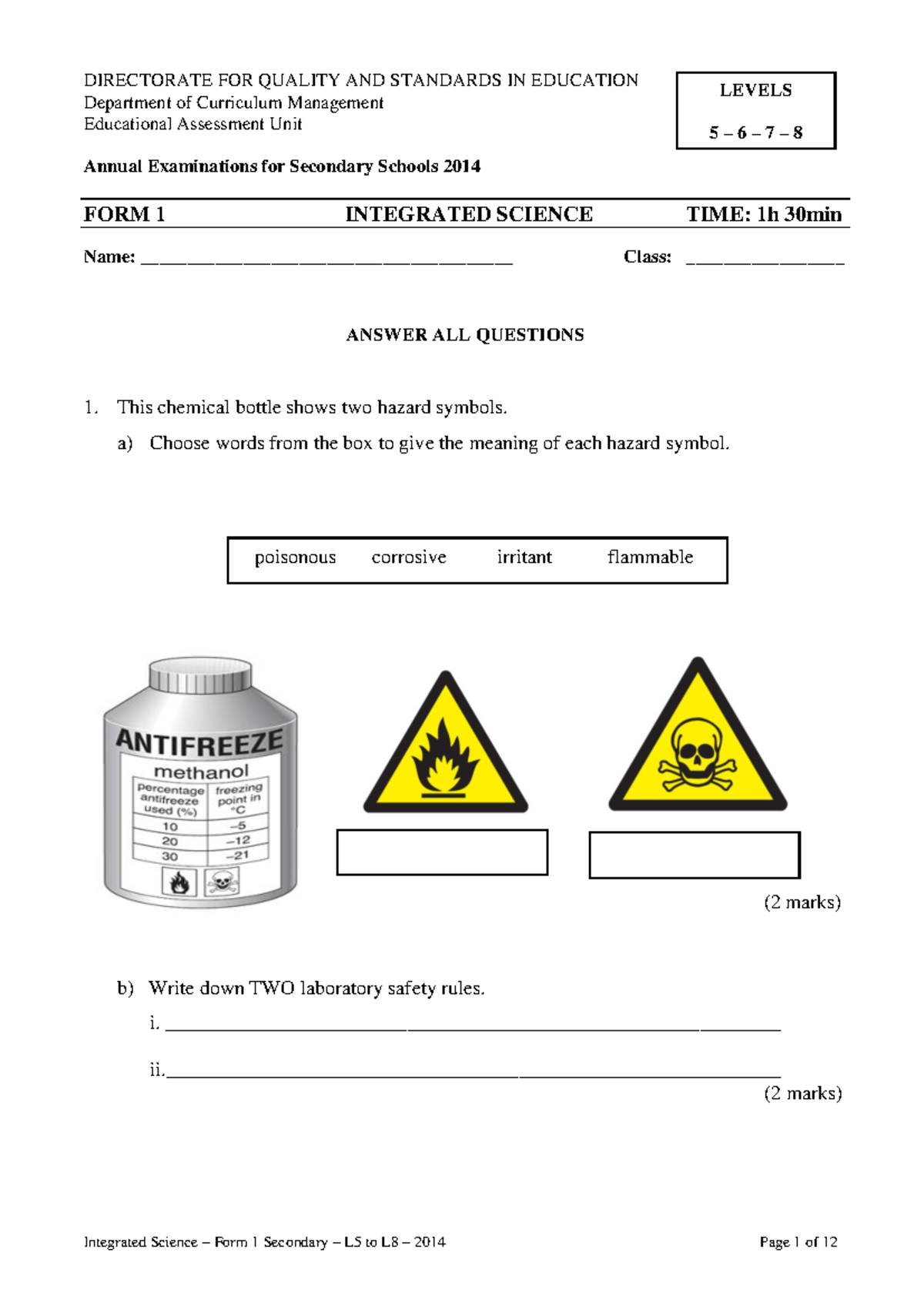 Integrated Science Form 1 Annual Exam Paper 2014 - Studocu