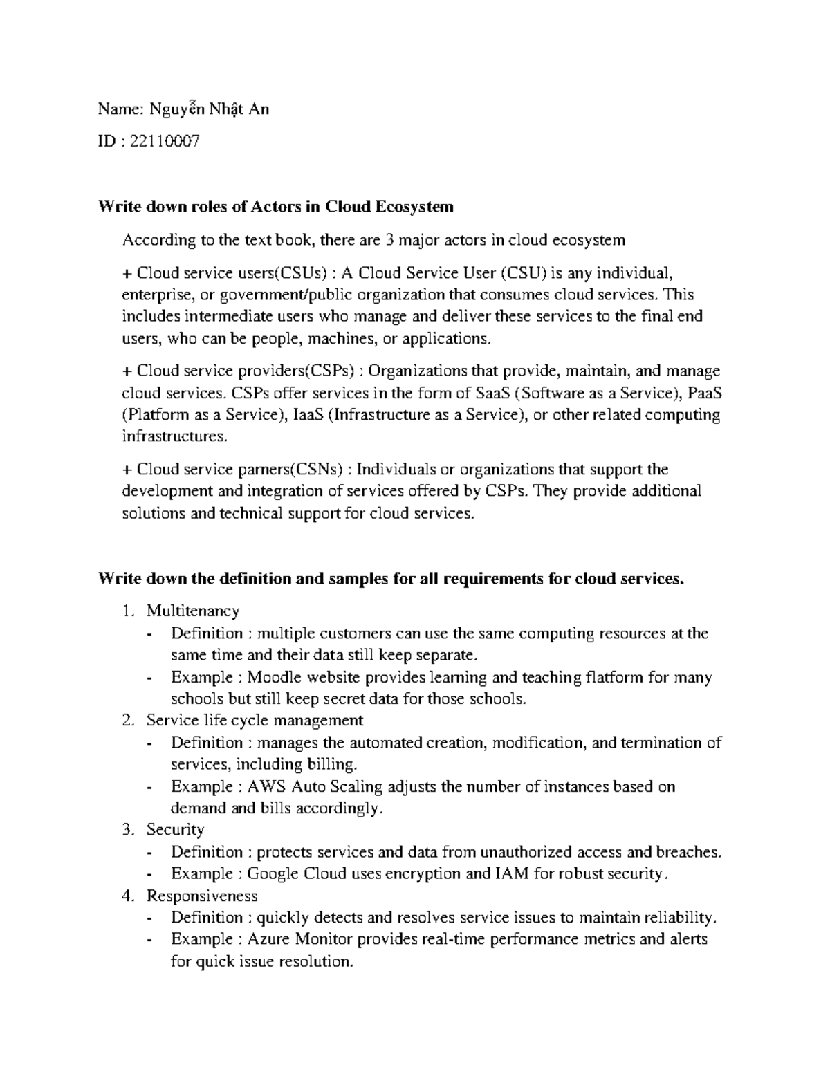 Roles of Actors in Cloud Ecosystem - Ex2 - ID 22110007 - Studocu