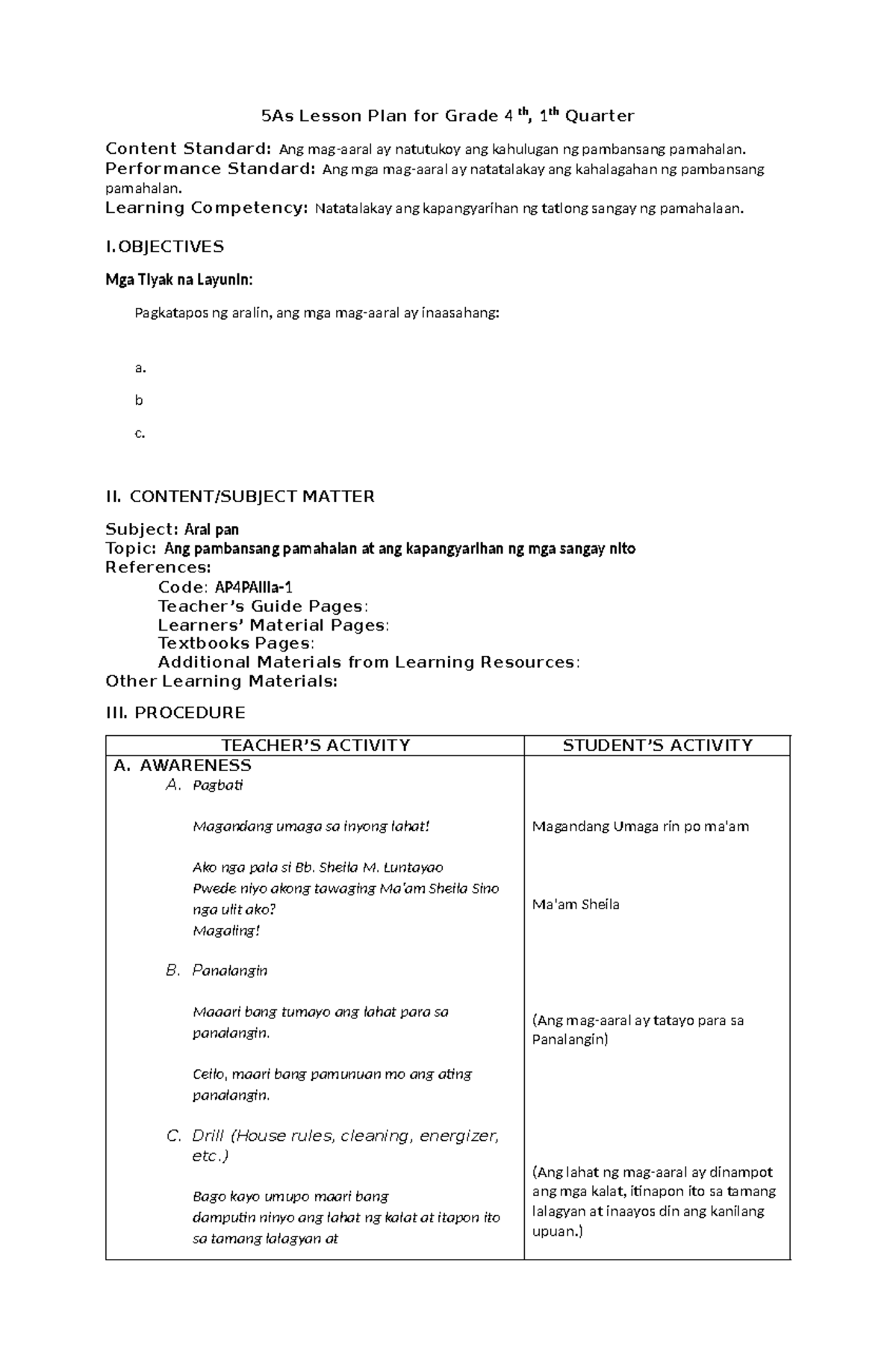 5As Lesson Plan for Grade 4: Pambansang Pamahalaan 1st Qtr - Studocu