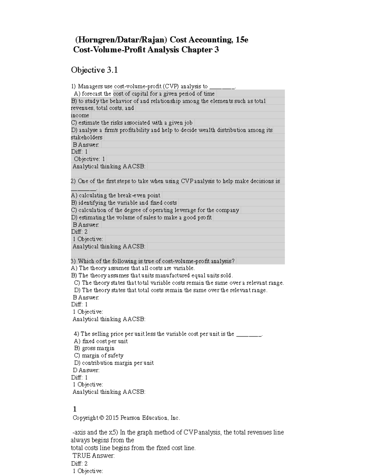 15e Cost-Volume-Profit Analysis Test Bank - Chapter 3 Questions - Studocu