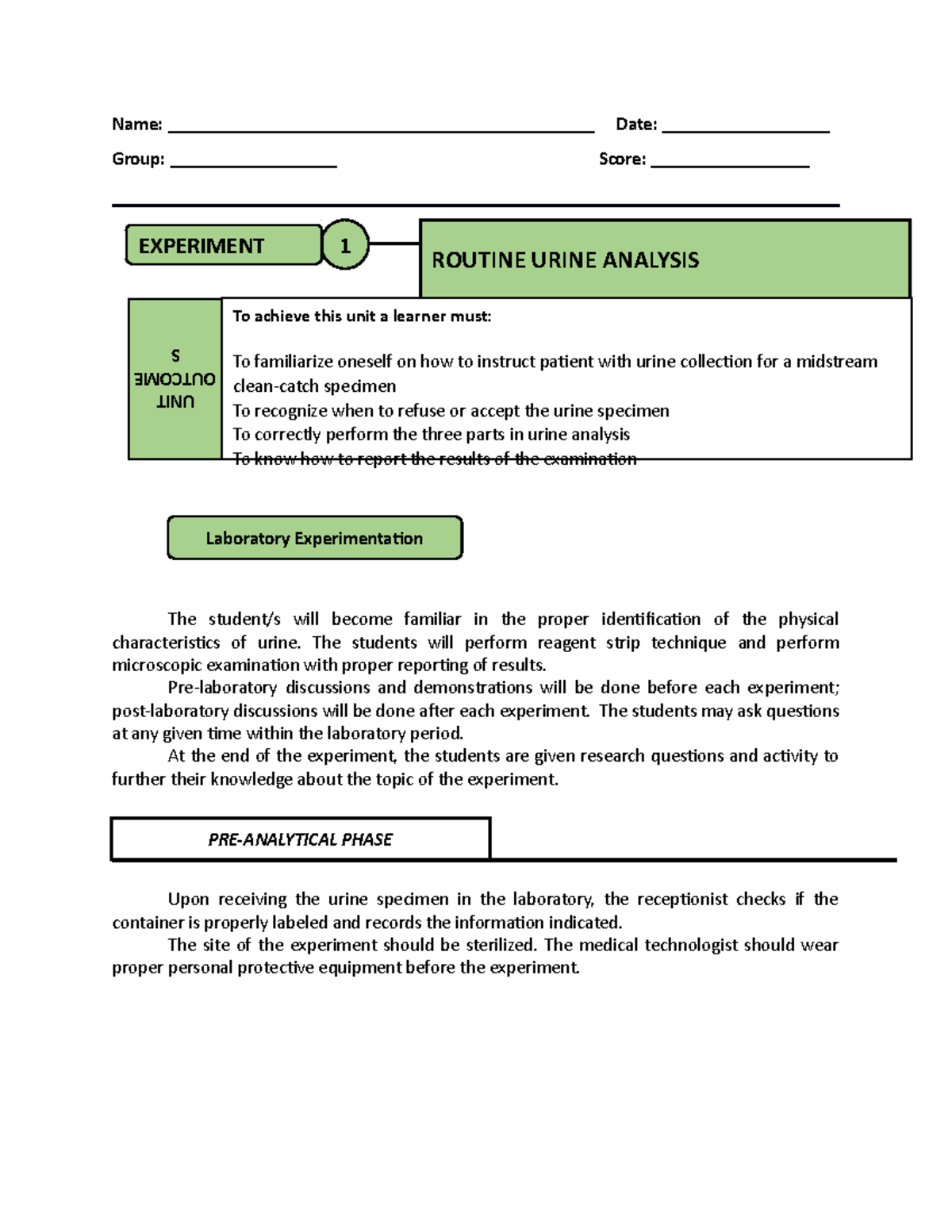 LAB1 - UA - Routine Urine Analysis Laboratory Sheet - Studocu