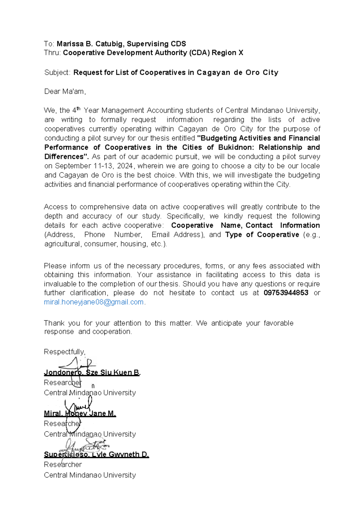 CDA Region X letter of request for cooperative data in Cagayan de Oro ...