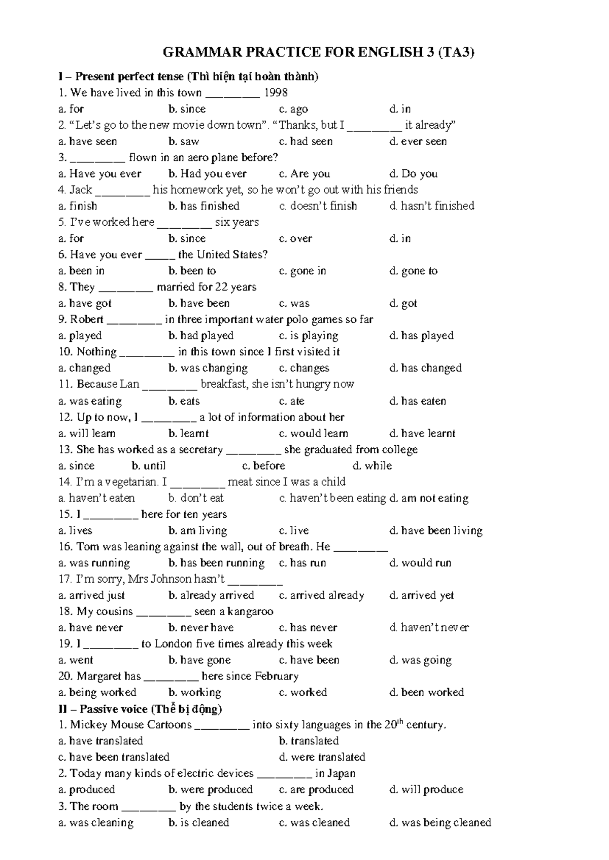 Grammar Practice for English 3 (TA3): Present Perfect & More - Studocu