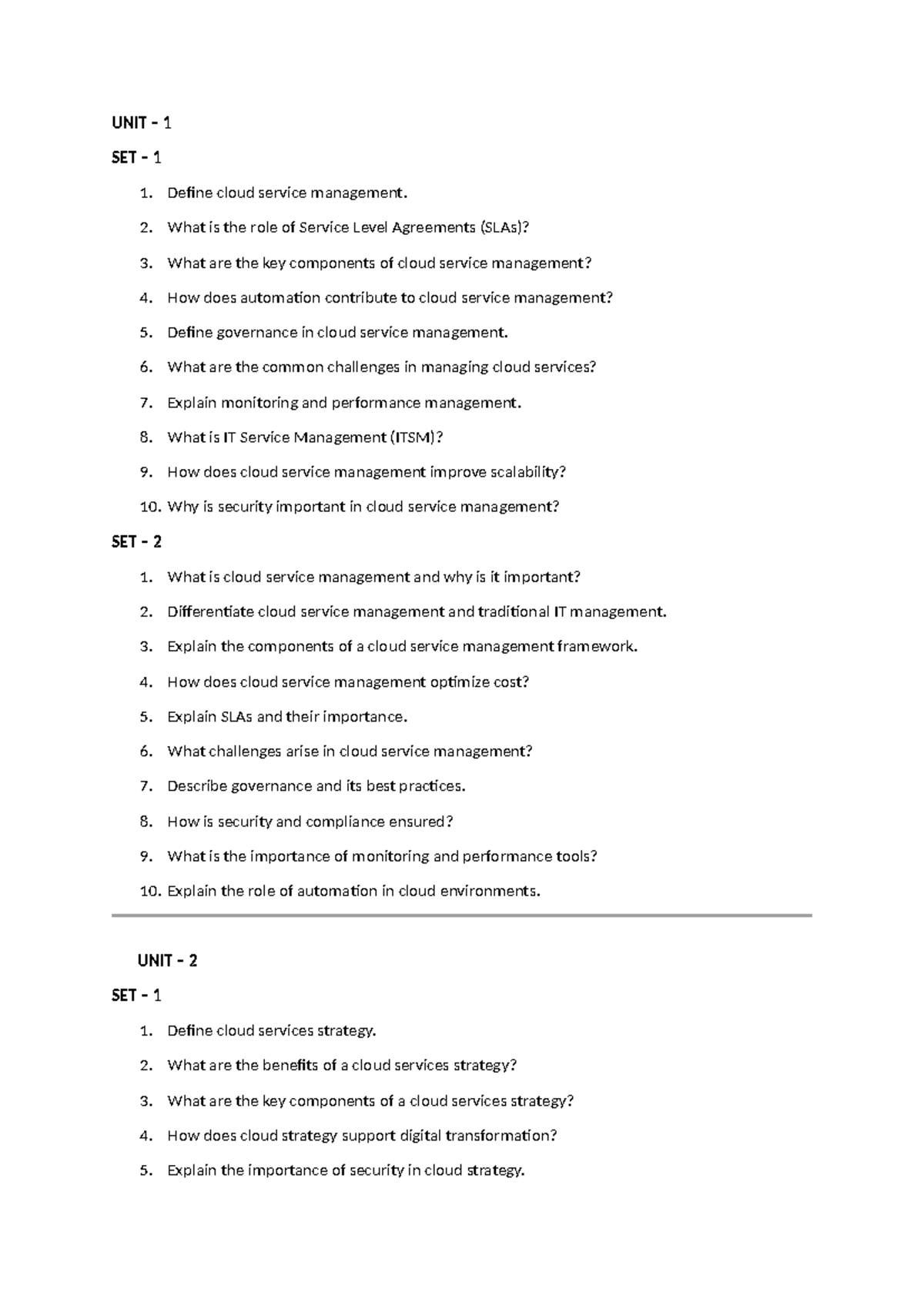 CSM Unit Wise Important 2-Mark Questions Sets - Studocu