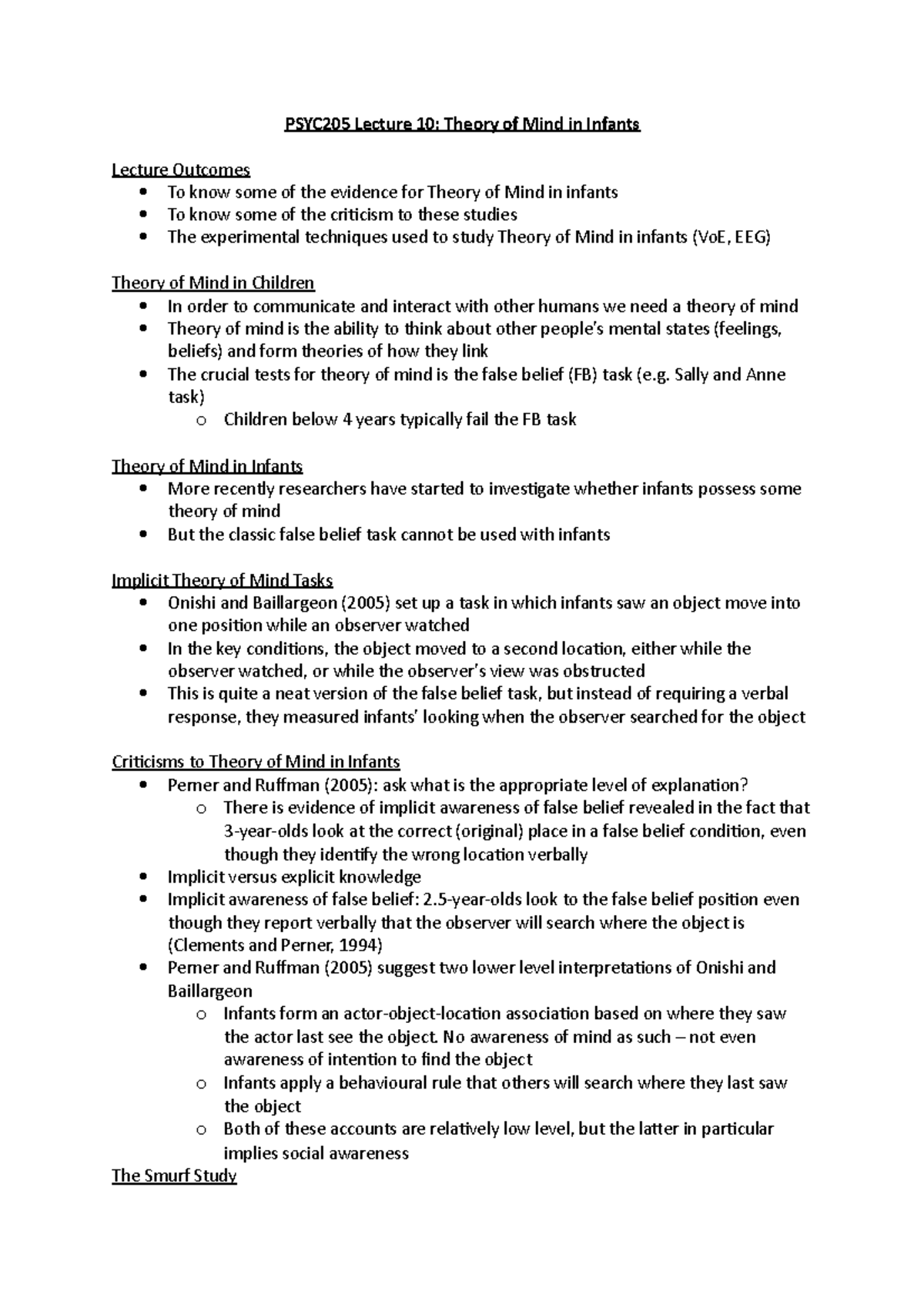 PSYC205 Lecture 10 (Notes) - PSYC205 Lecture 10: Theory of Mind in ...