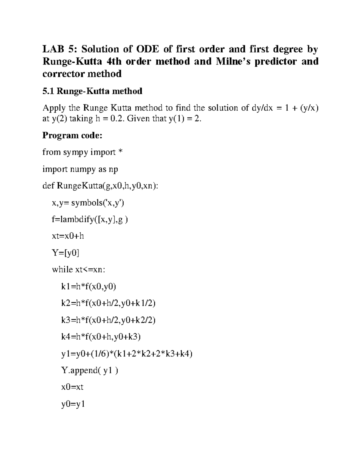 LAB 5: ODE Solutions Using Runge Kutta & Predictor-Corrector Methods ...