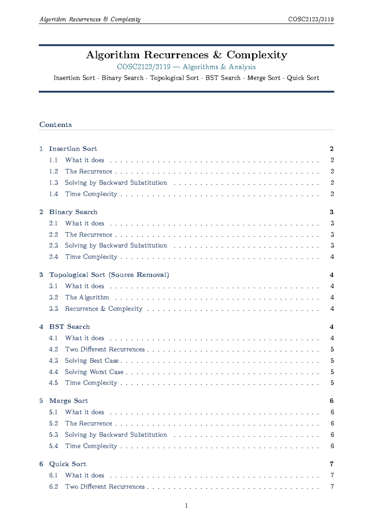 Algorithm Recurrences Summary for CS101: Analysis of Sorting Algorithms ...