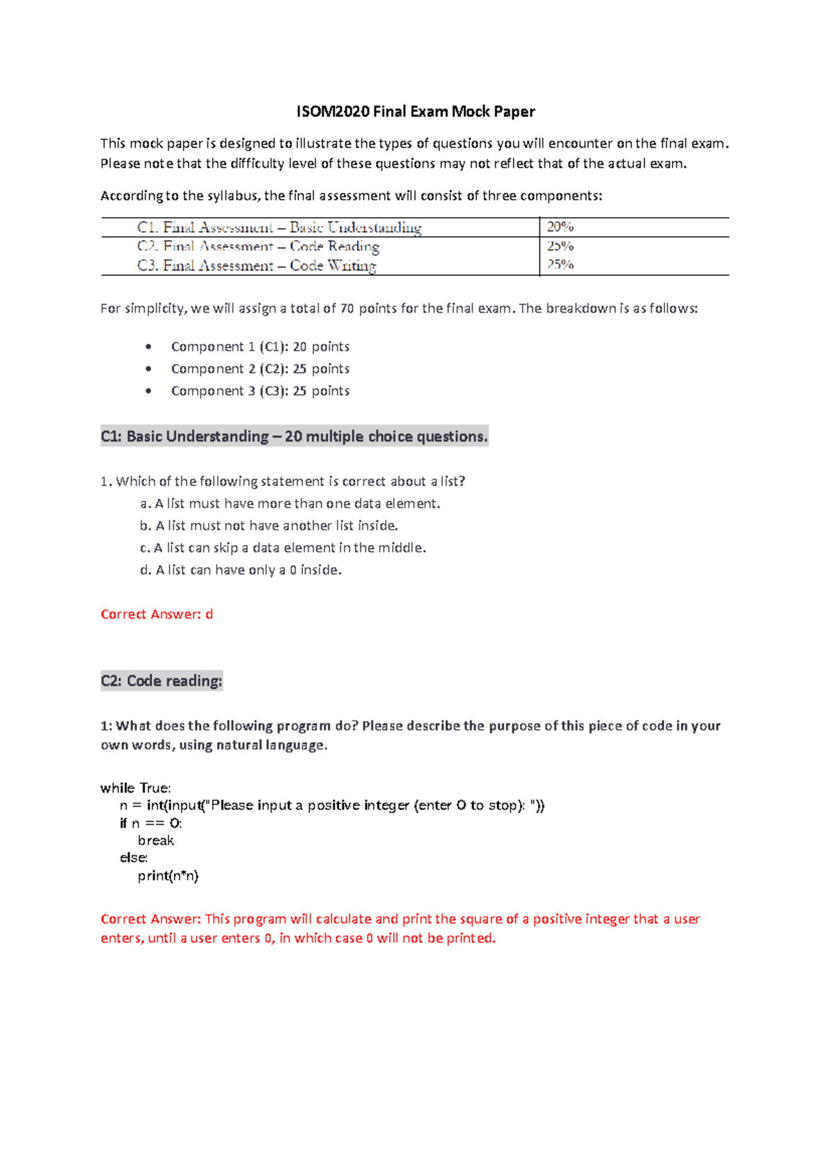 ISOM2020 Final Exam Mock Paper: Practice Questions and Answers - Studocu