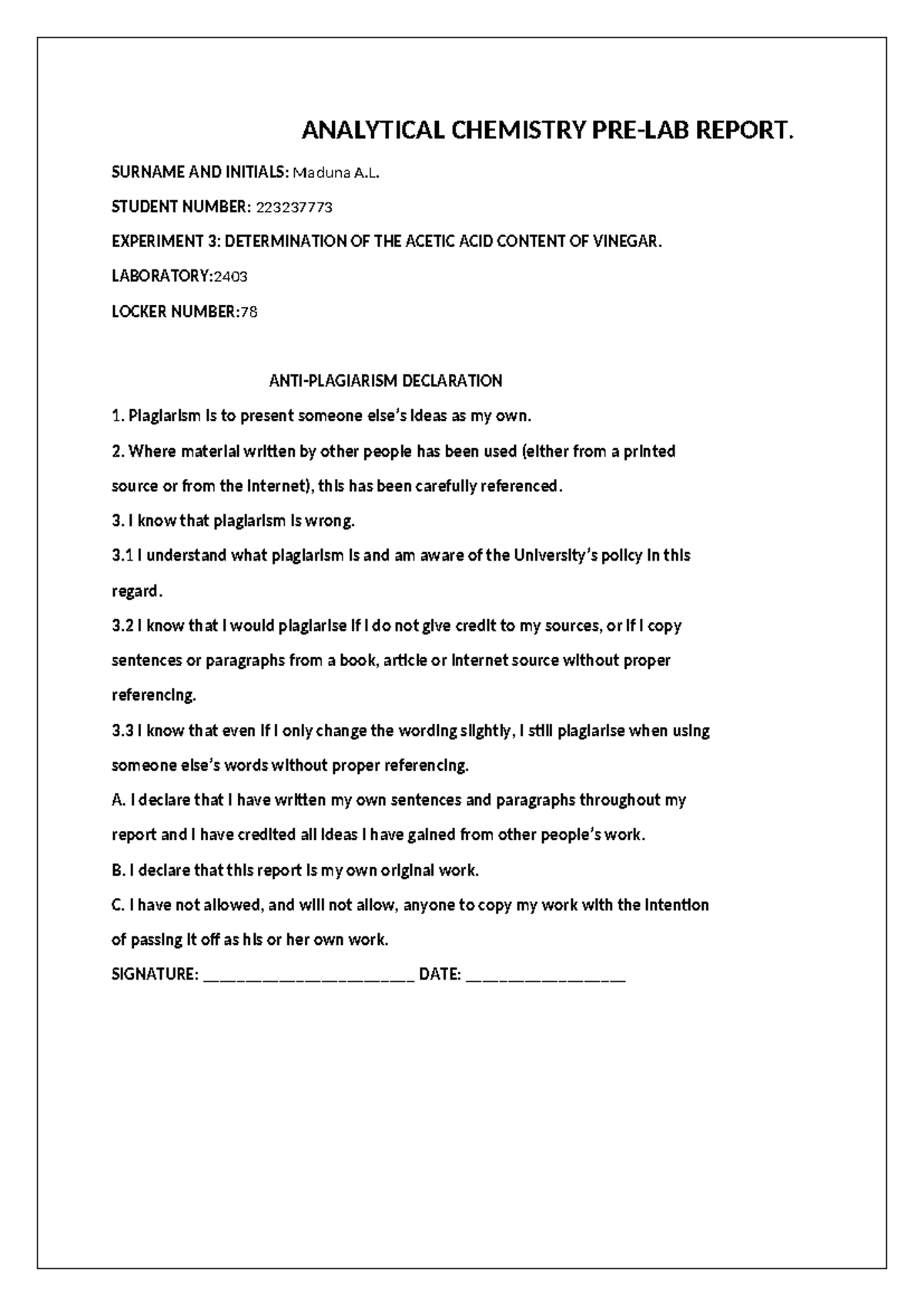 ANALYTICAL CHEMISTRY REPORT: ACETIC ACID IN VINEGAR EXPERIMENT 3 - Studocu