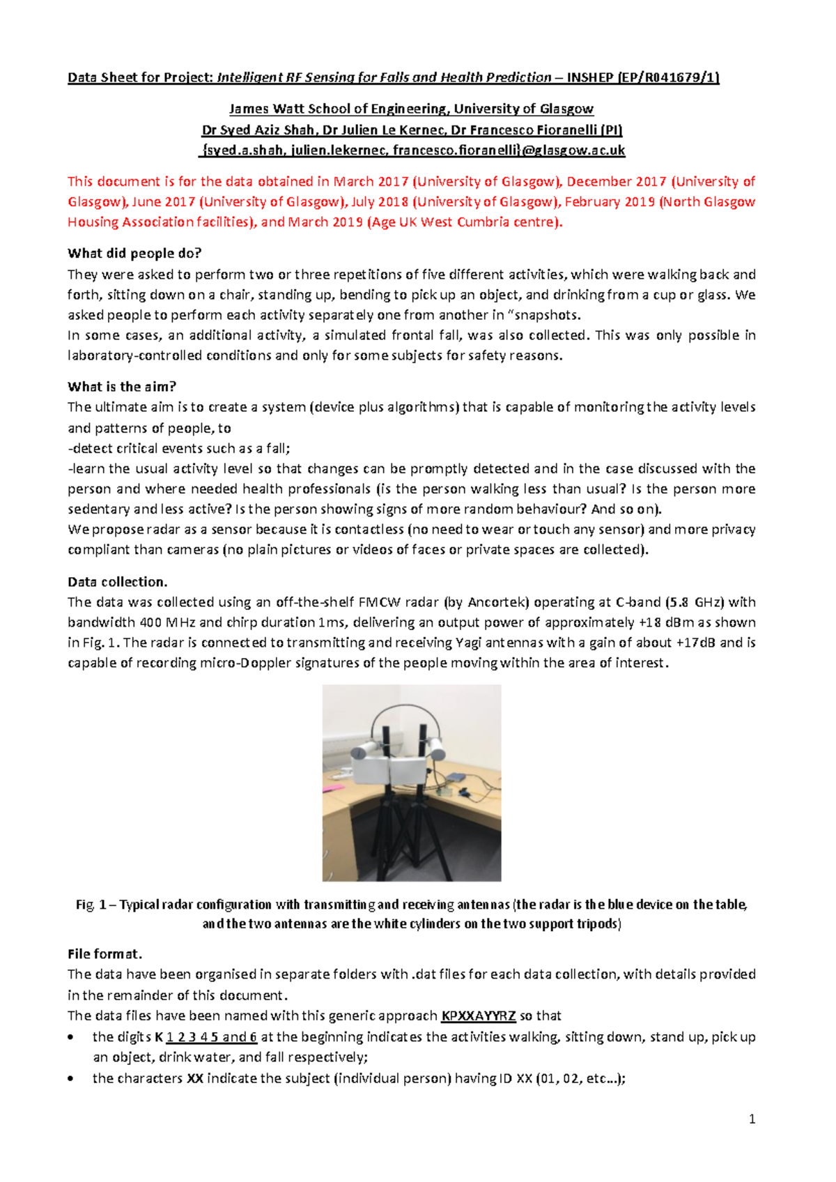 Data Sheet for Project: Intelligent RF Sensing for Health Prediction ...