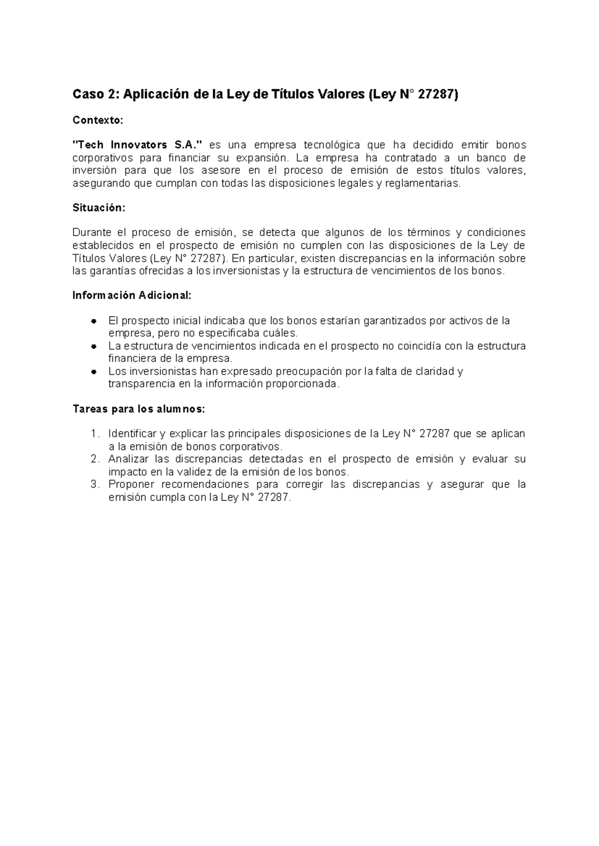 Caso 2: Análisis de la Ley 27287 en Emisión de Bonos Corporativos - Studocu