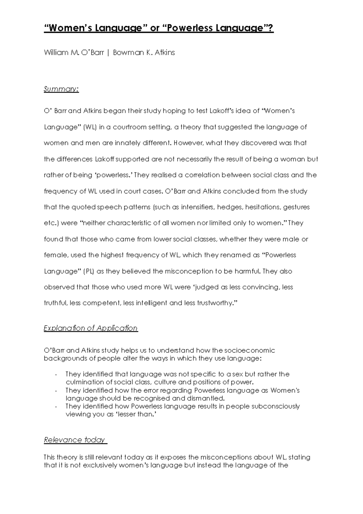 Summary of Powerless Language Study (Document 2) - Studocu