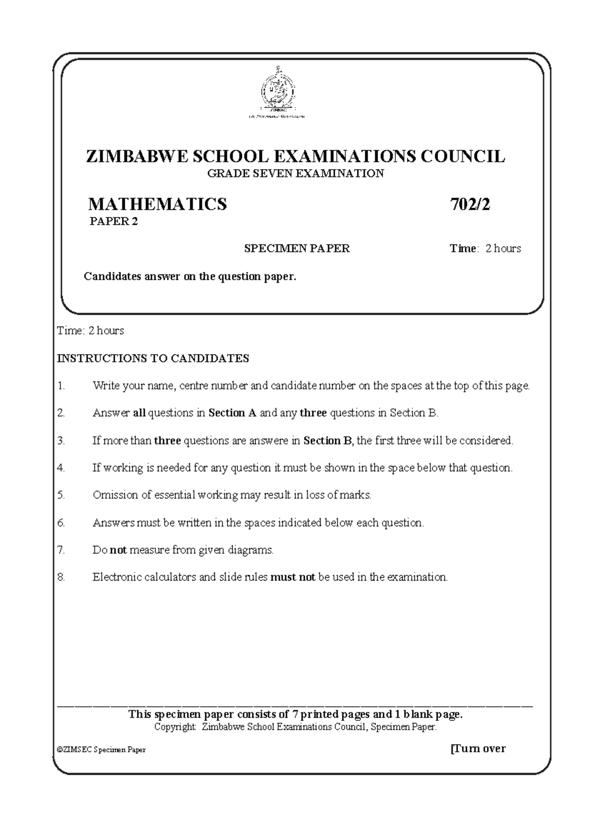 ZIMBABWE GRADE 7 MATH EXAMINATION PAPER 2 SPECIMEN 2020 - Studocu