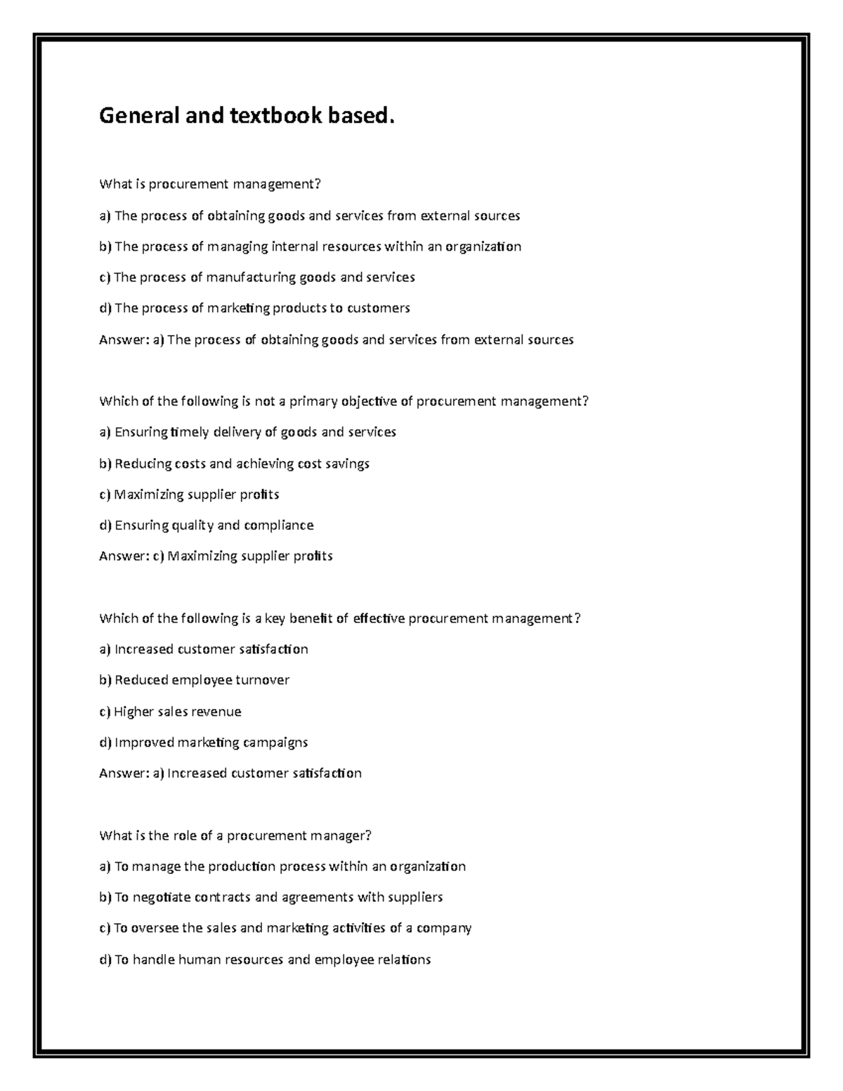 Procurement Management Quiz - Key Concepts & Objectives - Studocu