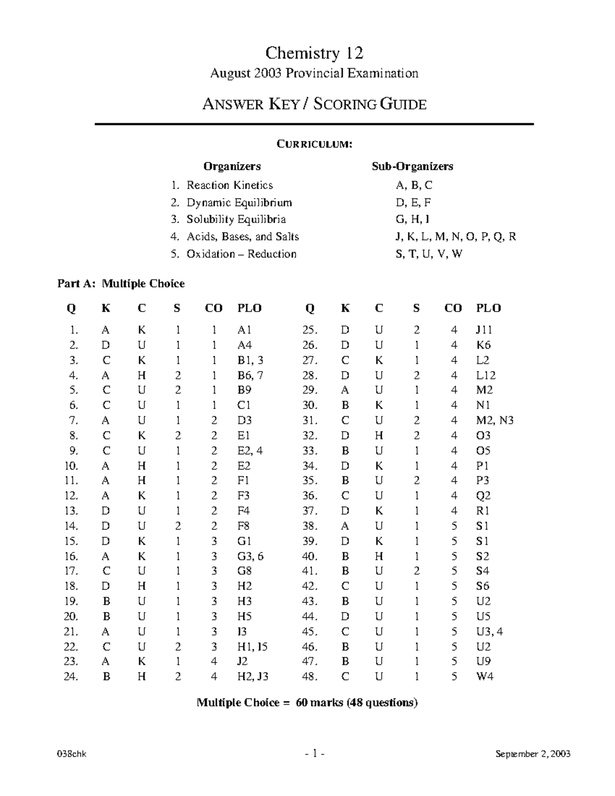 Chemistry 12 August 2003 Provincial Exam Answer Key & Scoring Guide ...